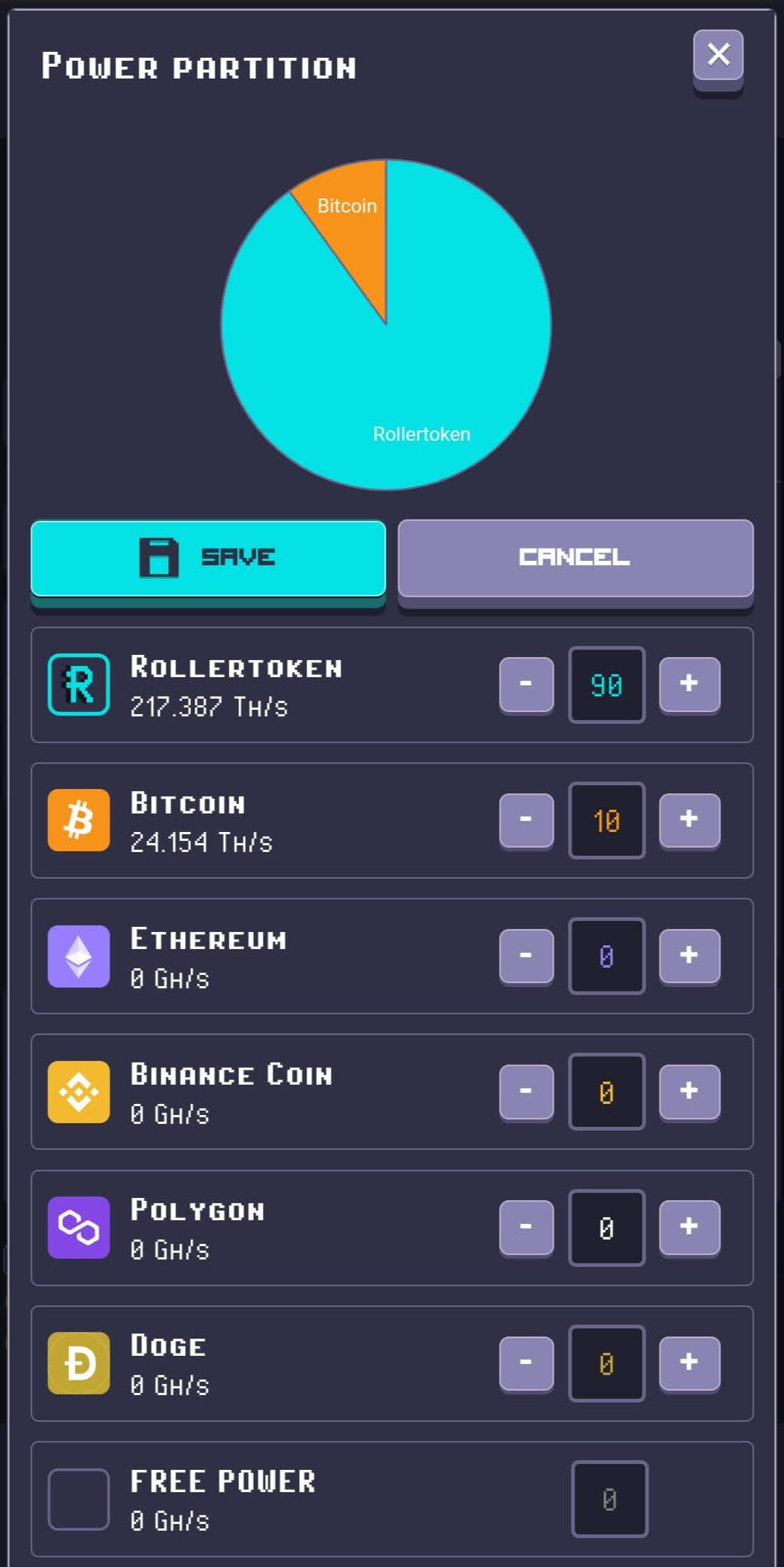 RollerCoin power split